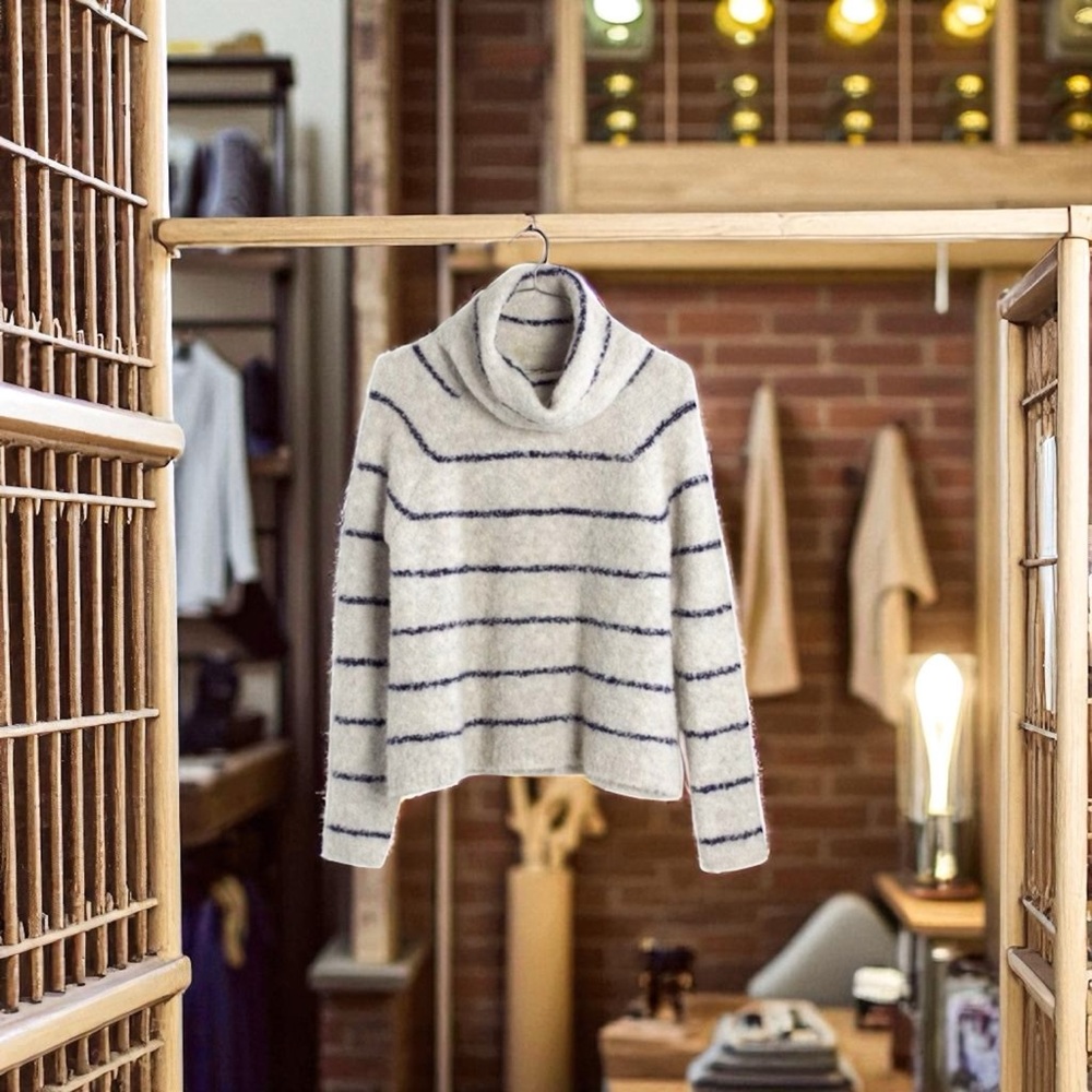 Madewell Roundtrip Stripe Turtleneck Sweater in Hthr Cloud | Wool Blend | Sz M